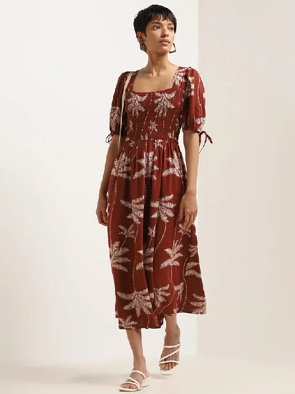 Bonus Savings LOV Rust Smocked A-Line Blended Linen Dress