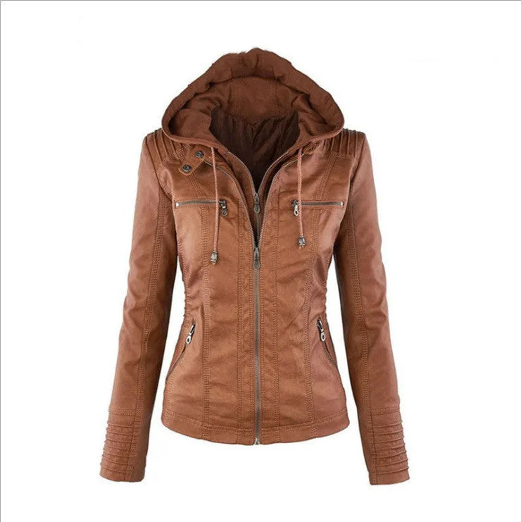Take Action Stand-up Collar Zipper Long-sleeved Solid Color Women's Leather Jacket