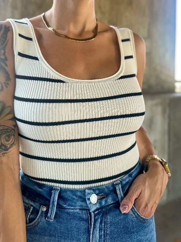 Bonus Offer Black & Ivory Stripe Ribbed Bodysuit