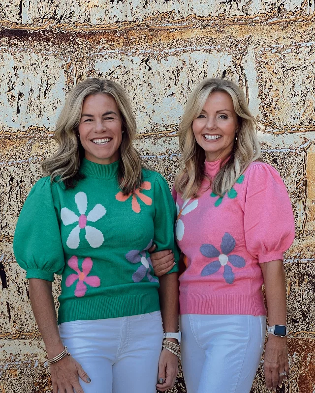 Weekend Deals That Dazzle Laurel Flower Print Short Sleeve Sweater | Pink