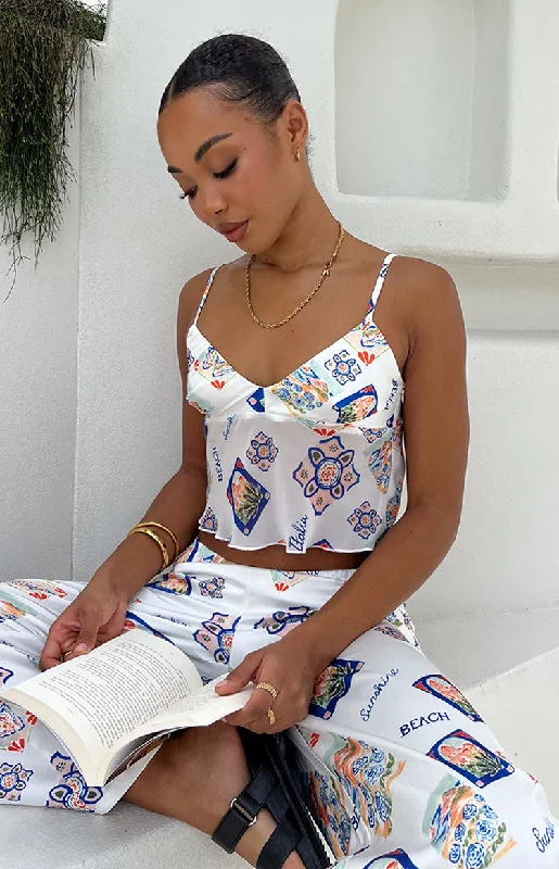 Weekend Offers That Shine Kyrah White Satin Italia Print Crop Top