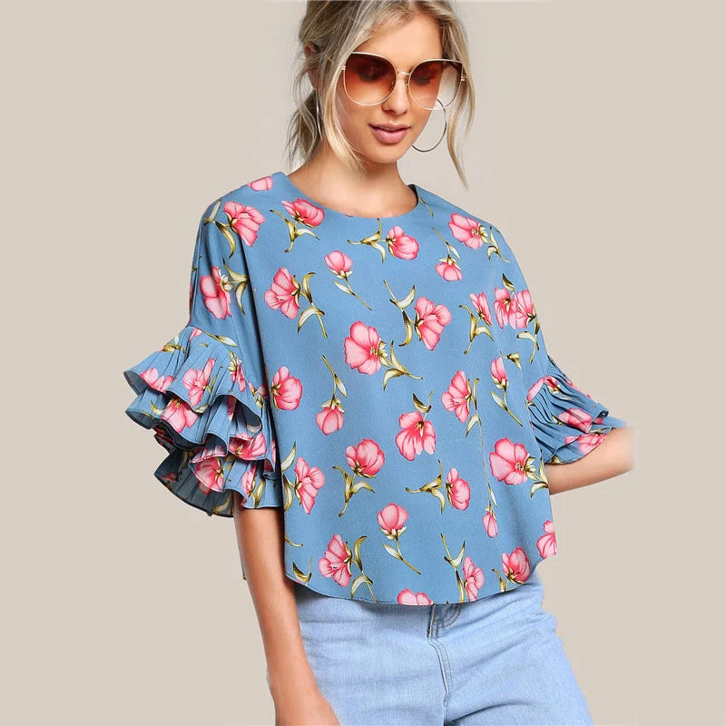 Great Bargain Women's Round Neck Double Layer Flared Sleeve Flowy Top