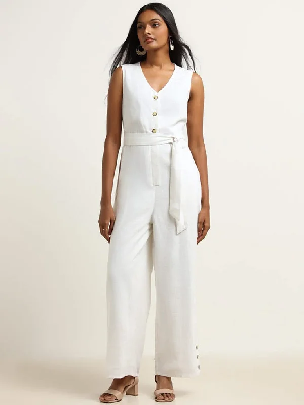 Bargain Alert LOV White Blended Linen Jumpsuit with Belt