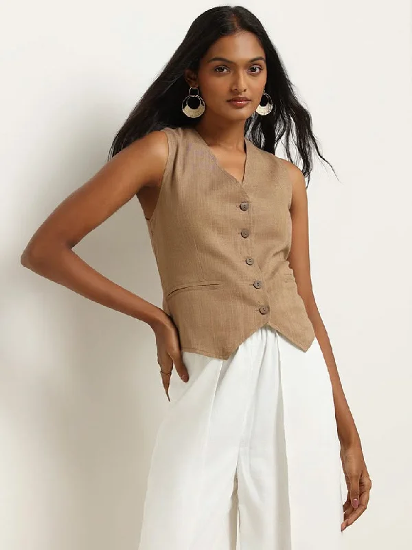 One-DAY Sale LOV Beige Blended Linen Top