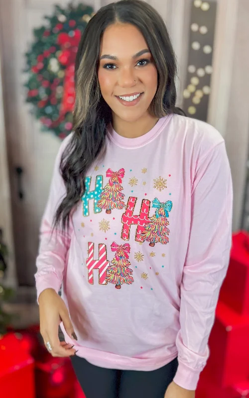 Price Blitz Pink HO HO HO Garment Dyed Long Sleeve Graphic Top