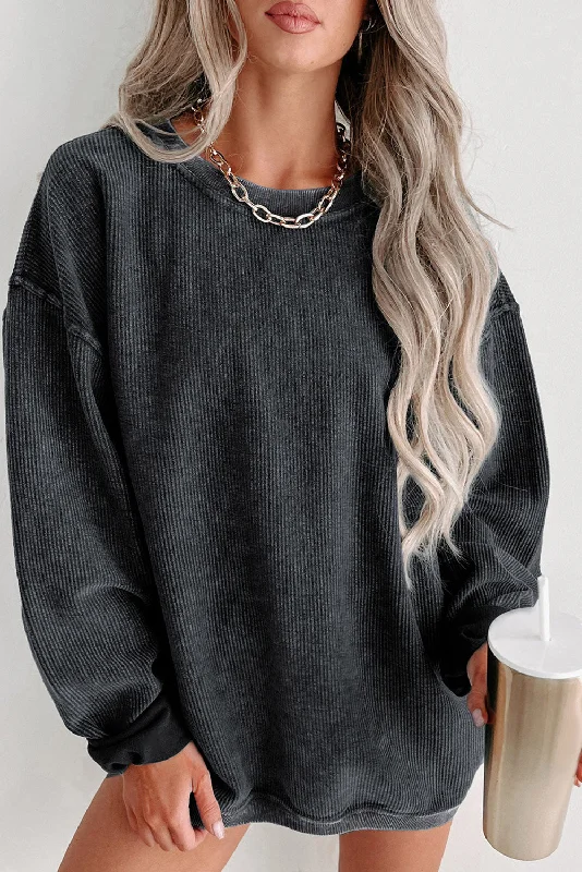 Holiday Sale Plain Gray Solid Ribbed Knit Round Neck Pullover Sweatshirt
