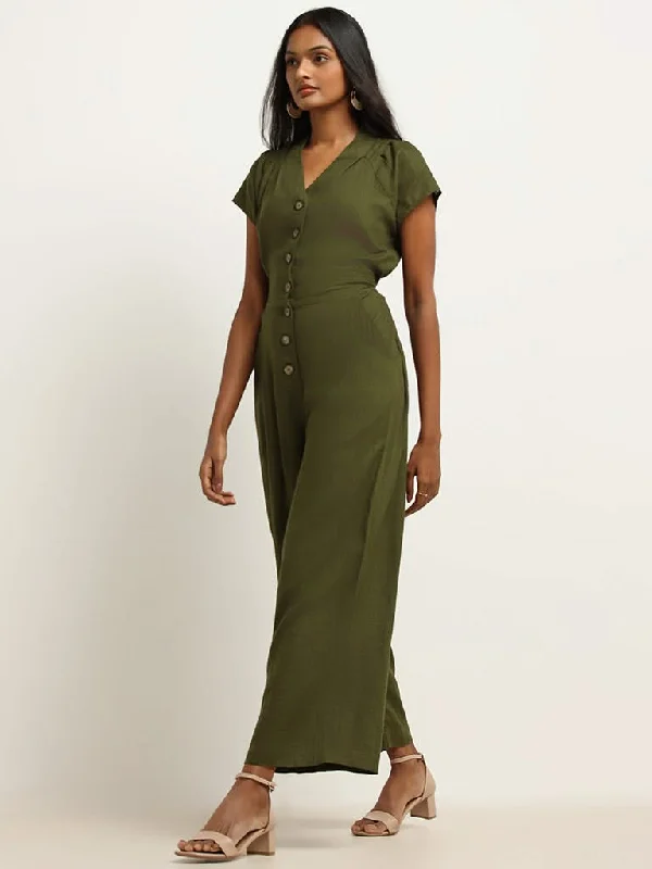 Major Savings LOV Green Solid Blended Linen Jumpsuit