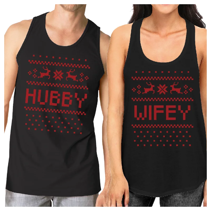 Stock Up and Save Pixel Nordic Hubby And Wifey Matching Couple Black Tank Tops
