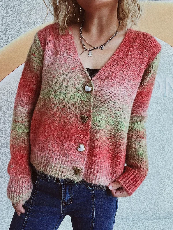Weekend Deals That Wow Gradient Heart Shape Button V-Neck Cardigan