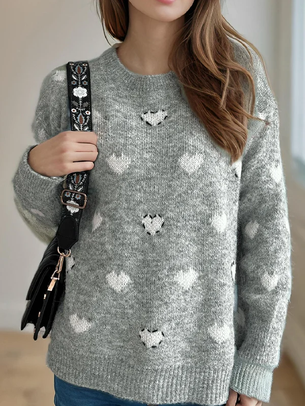 Weekend Wonders Await! Heart Round Neck Long Sleeve Sweater