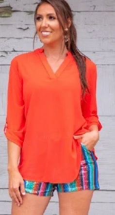 Savings Bonanza Coral Sheer Top with Curved Hem