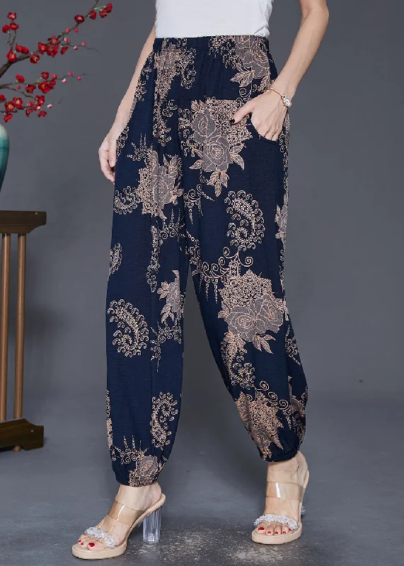 Factory Direct Sale Women Navy Oversized Print Cotton Lantern Pants Fall