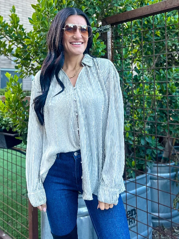 Weekend Savings Extravaganza Silver Metallic Pleated Button Down