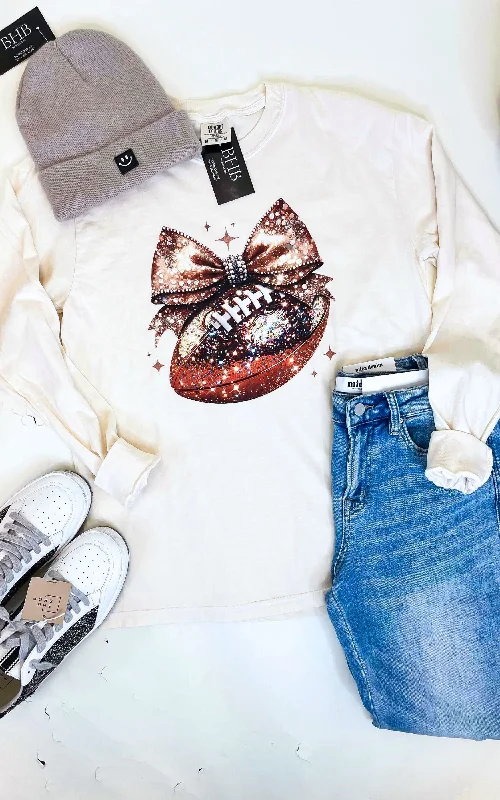 Exclusive Preview Sparkle Football Bows Garment Dyed Long Sleeve Graphic Top
