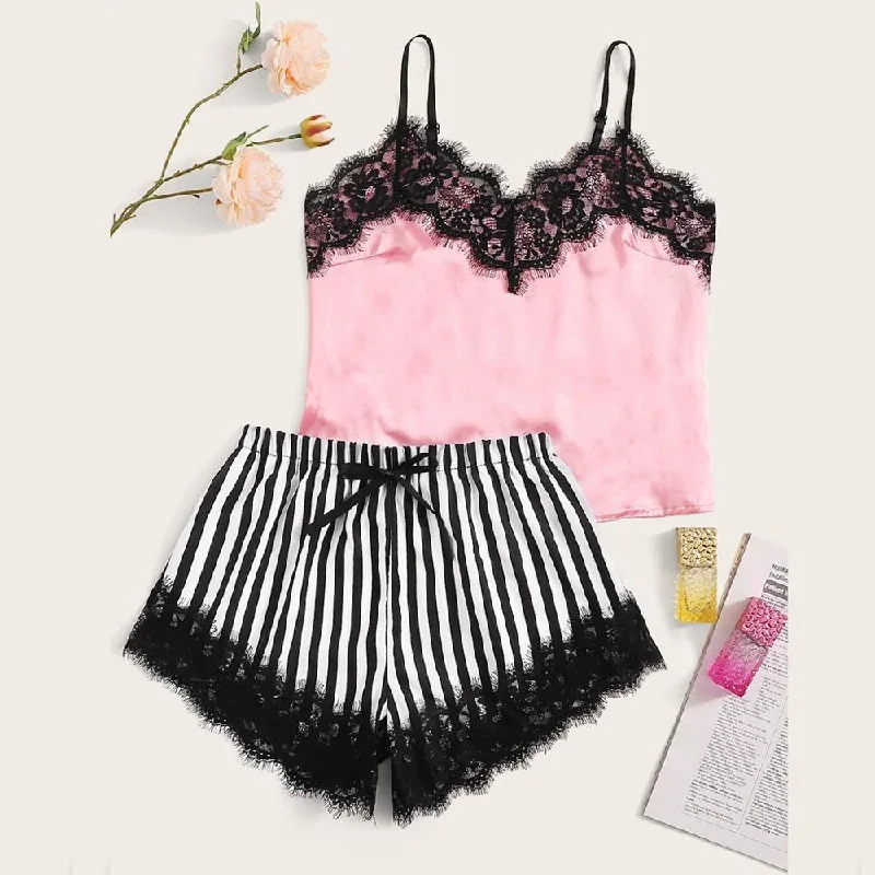 Can't Miss Sexy Women Striped Satin Silk Lace Sleepwear Lace Floral V Neck Sleeveless Lingerie Tops+Nightwear Shorts Women Pajamas Sets