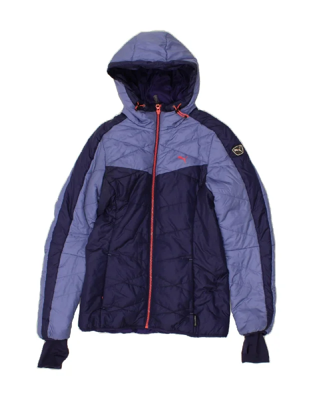 Exclusive Deal PUMA Womens Hooded Padded Jacket UK 10 Small  Navy Blue Colourblock
