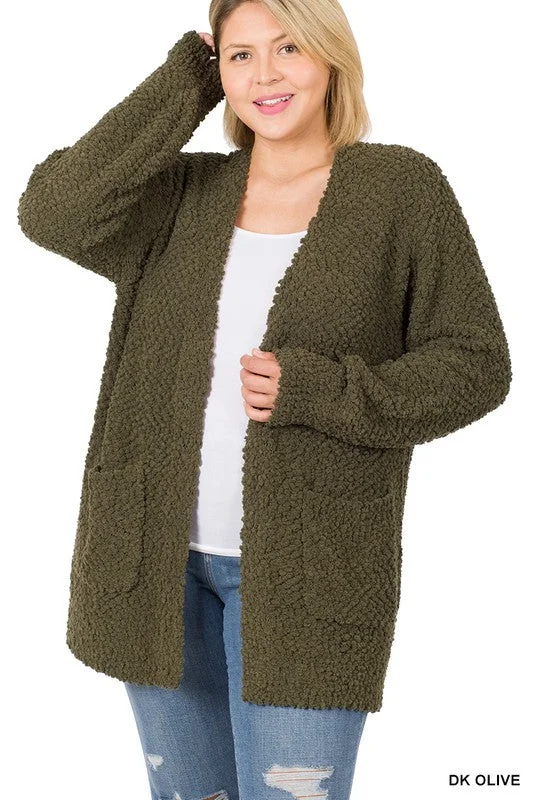 Discount Extravaganza PLUS PUFF SLEEVE POPCORN CARDIGAN WITH POCKETS