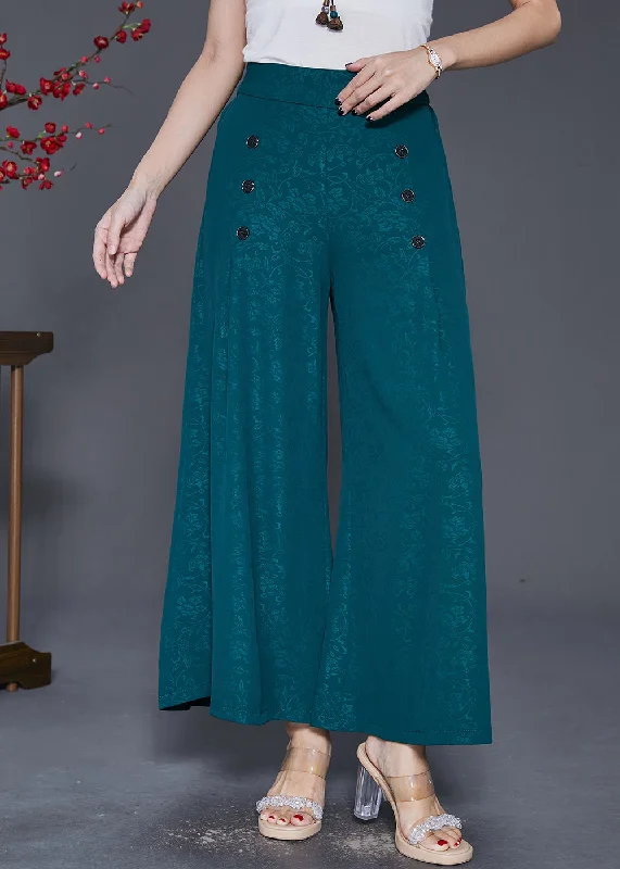 Clearance Event Boutique Green Jacquard Double Breast Silk Wide Leg Pants Fall