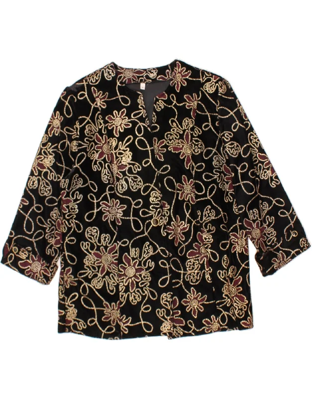 Deal Alert VINTAGE Womens 3/4 Sleeve 1 Button Blazer Jacket IT 46 Large Black Floral