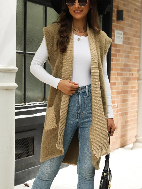Year-End Sale Pocketed Open Front Cap Sleeve Cardigan