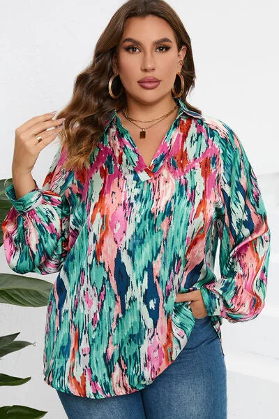 Bargain Prices Plus Size Printed Johnny Collar Long Sleeve Blouse