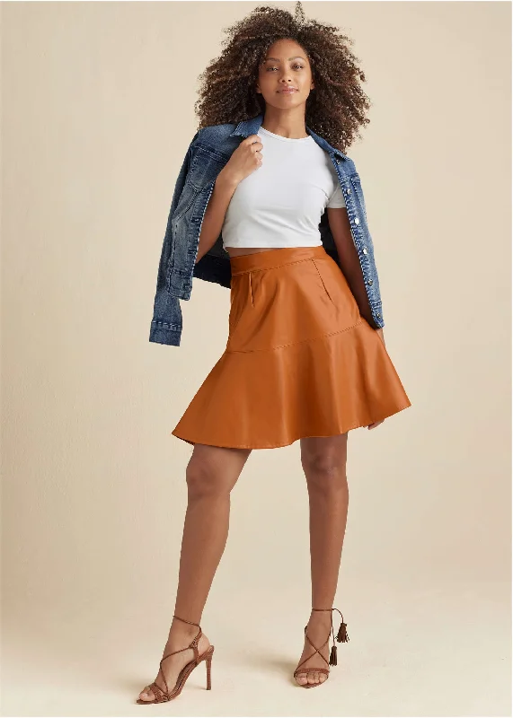 Savings Galore Faux Leather Trumpet Skirt  - Cognac