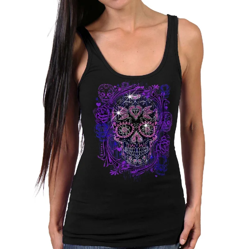 Can't Miss Hot Leathers GLR2562 Ladies Black Sugar Skull Bling Tank Top Shirt