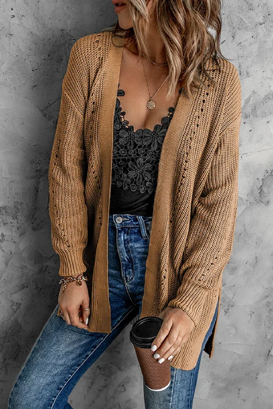 Buy Today Openwork Rib-Knit Slit Cardigan with Pockets