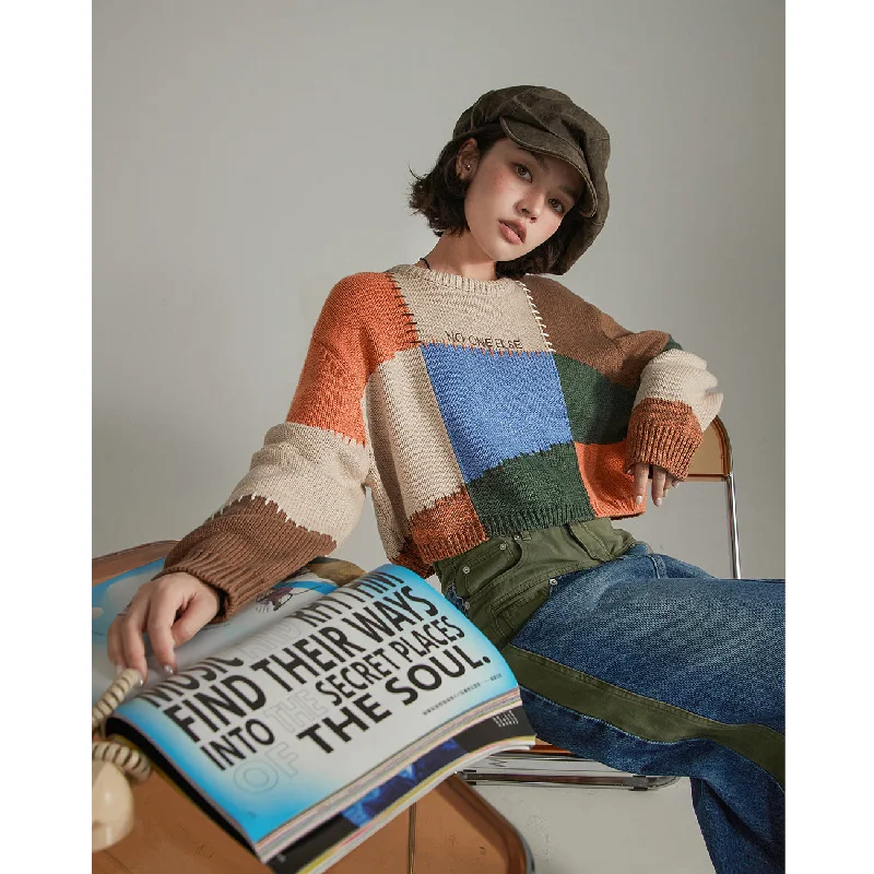 Seasonal Sale Color Patchwork Crop Knit Sweater