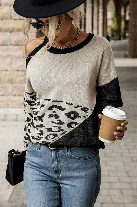 Lowest Price Leopard Color Block Cold-Shoulder Sweater