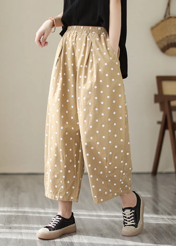 Extra Savings Casual Khaki Dot Pockets Elastic Waist Cotton Crop Pants Fall