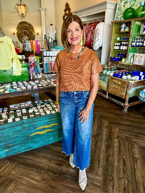 Weekend Shopping Extravaganza Solid Leather sleeve top: Camel