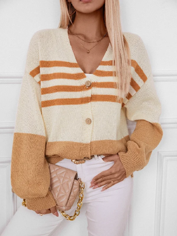 Special Price Color Block V-Neck Button Down Long Sleeve Cardigan