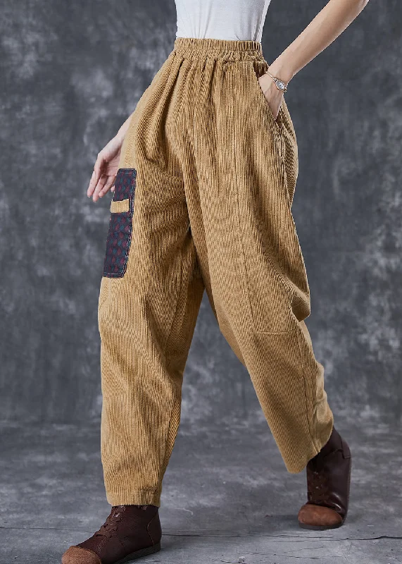 Discount Mania Italian Khaki Oversized Patchwork Applique Corduroy Pants Trousers Spring
