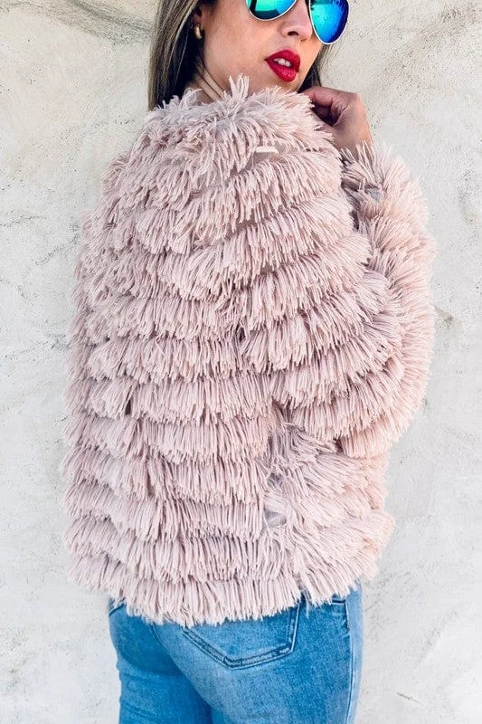 Extra Savings Surprise Entrance Fur Fringe Cardigan (Beige)