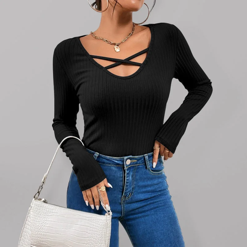 Weekend Deals That Dazzle Women's Black Ribbed Long Sleeve Top With Front Crisscross Design