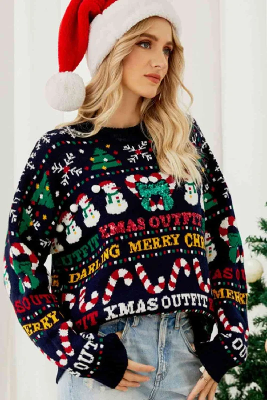 Doorbuster Deal Christmas Print Crewneck Dropped Shoulder Sweater