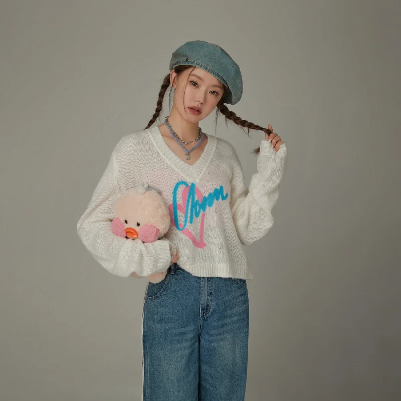 Weekend Specials You Can't Miss Logo Heart V-Neck Knit Sweater