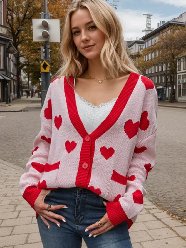 Deep Savings Heart Button Up Dropped Shoulder Long Sleeve Cardigan