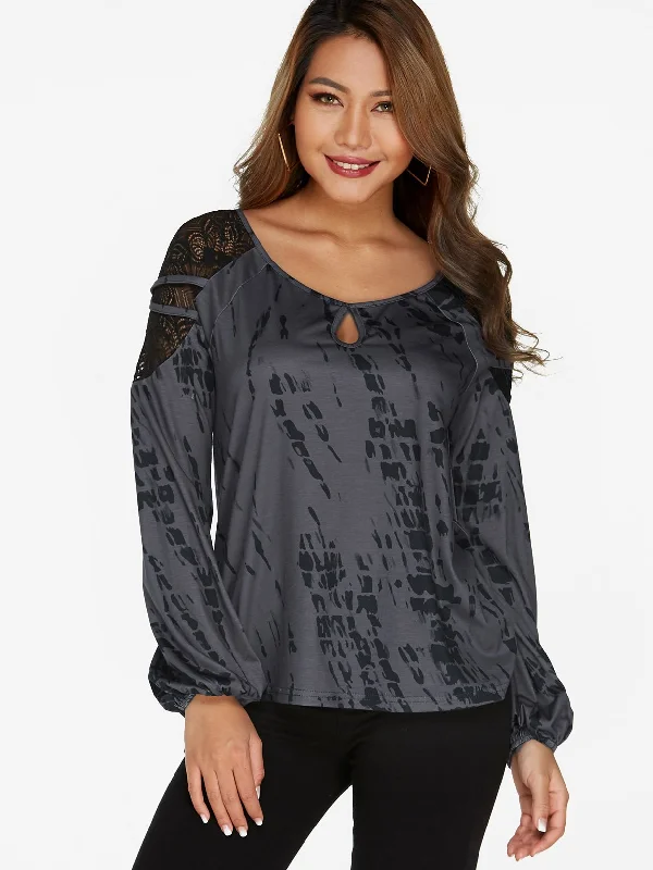 Take Advantage Custom Grey Round Neck Lace Long Sleeve Fashion T-Shirts