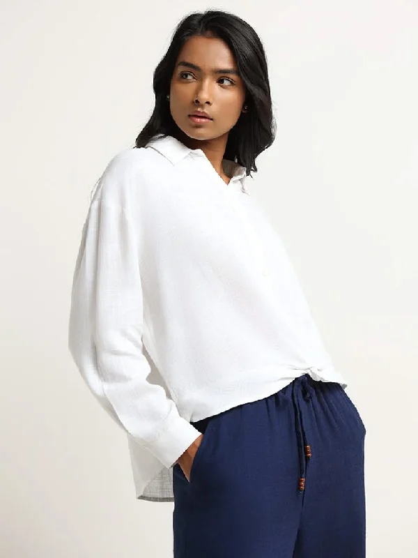 Special Price LOV White Knot-Detail Blended Linen Shirt