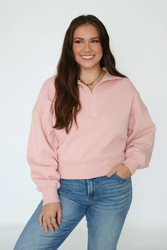 Act Fast Sporty Half Zip Sweatshirt- Pink