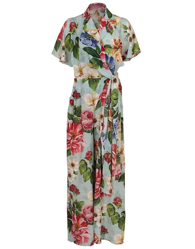 Closeout Deal Crepe de Chine Floral Print Jumpsuit