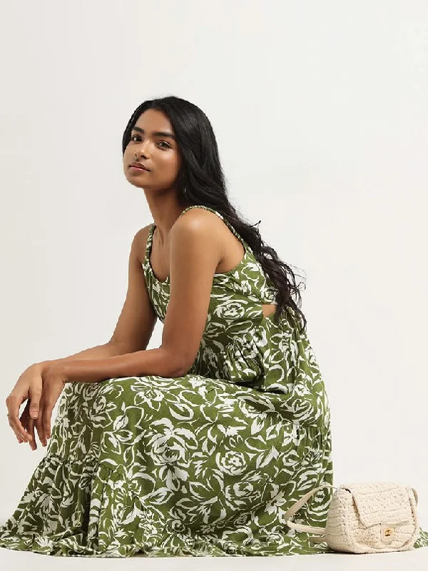 Year-End Deals LOV Green Floral Print Blended Linen Midi Dress
