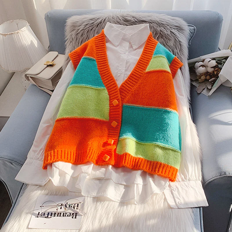 Value Deals Contrast striped knitted cardigan sleeveless sweater waistcoat  4963