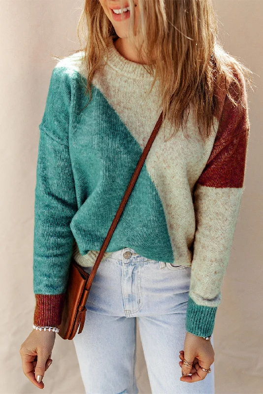 Daily Deals Multicolor Colorblock Ribbed Trim Round Neck Sweater