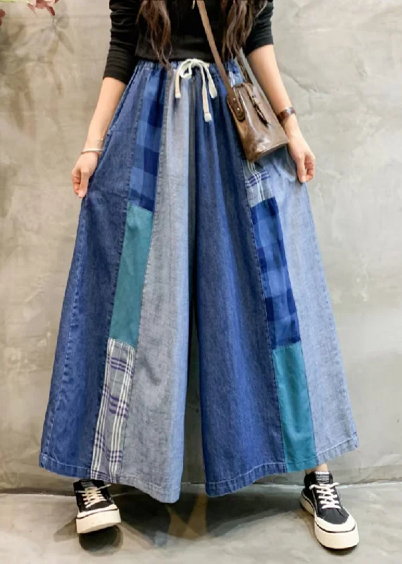 Best Seller Unique Blue Pockets Elastic Waist Patchwork Wide Leg Pants Fall