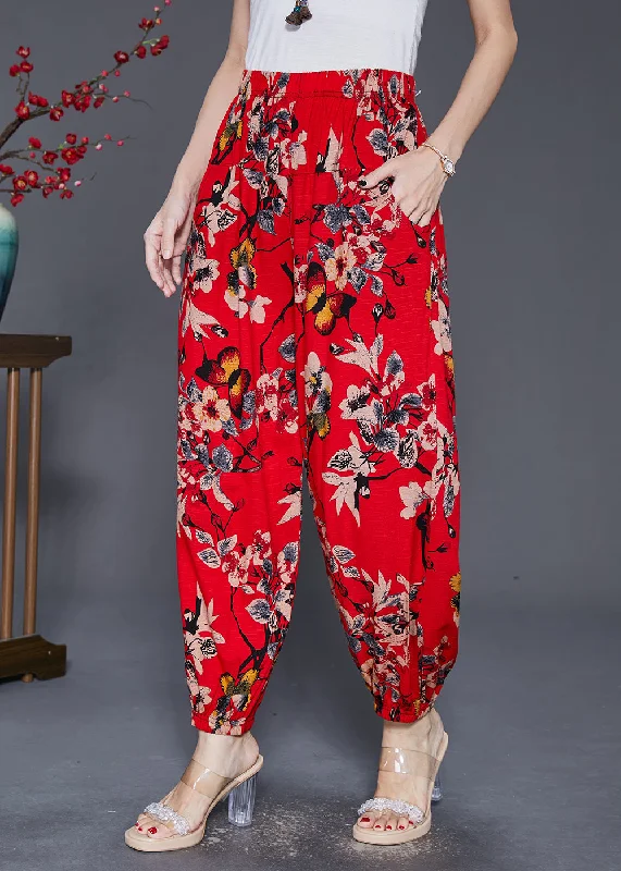 Limited Quantity Stylish Red Oversized Print Cotton Harem Pants Fall