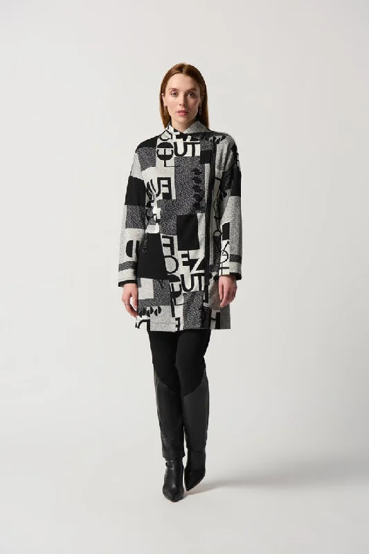 Huge Discounts Joseph Ribkoff Wording Print Jacquard Knit Coat With Stand Collar