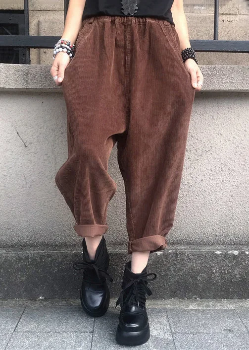 Hot Buy Coffee High Waist Patchwork Corduroy Harem Pants Pockets Fall